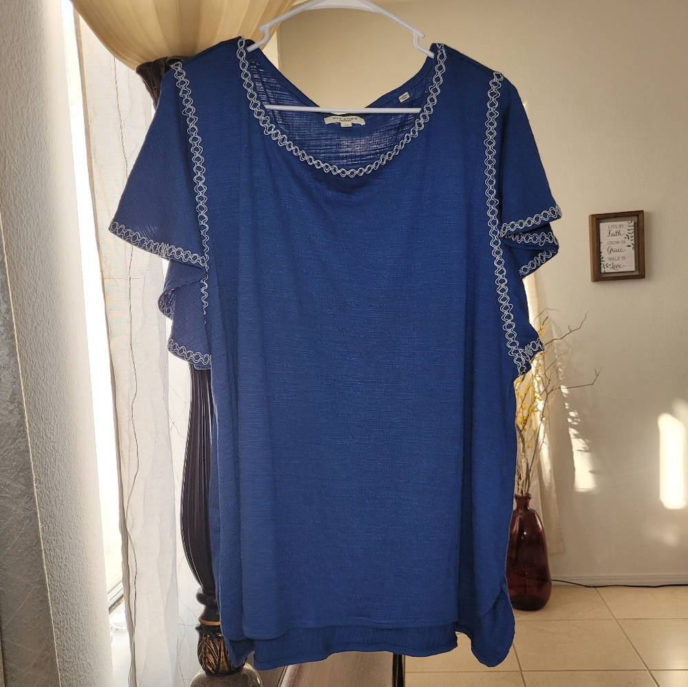 Max Studio Blue Embroidered Short Sleeve Blouse Size 3X